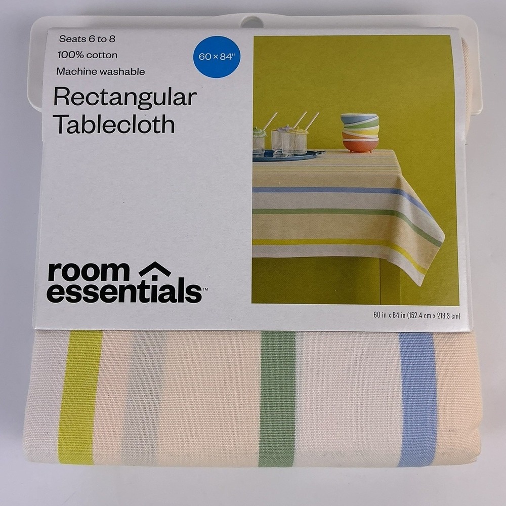 Room Essentials Rectangular Tablecloth 60 x 84 Cotton Green‎ Blue Stripe